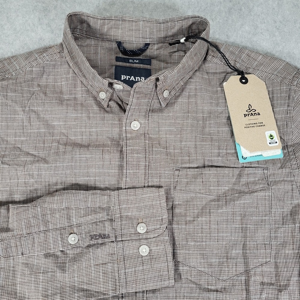 Prana Drayton Long Sleeve Shirt Mens Small Slim Brown Organic‎ Cotton Hemp